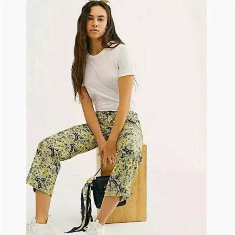 Free People Maui Paisley Cropped Flare Pants Cotton Black Blue Green Size 4
